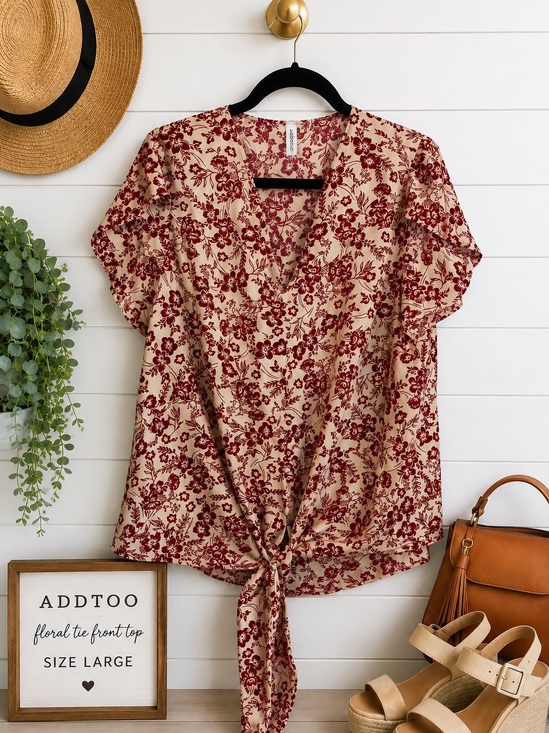 Addtoo Tops - 🌺 ADDTOO Burgundy Floral Tie Front Blouse Top Size Large Boho Cottagecore